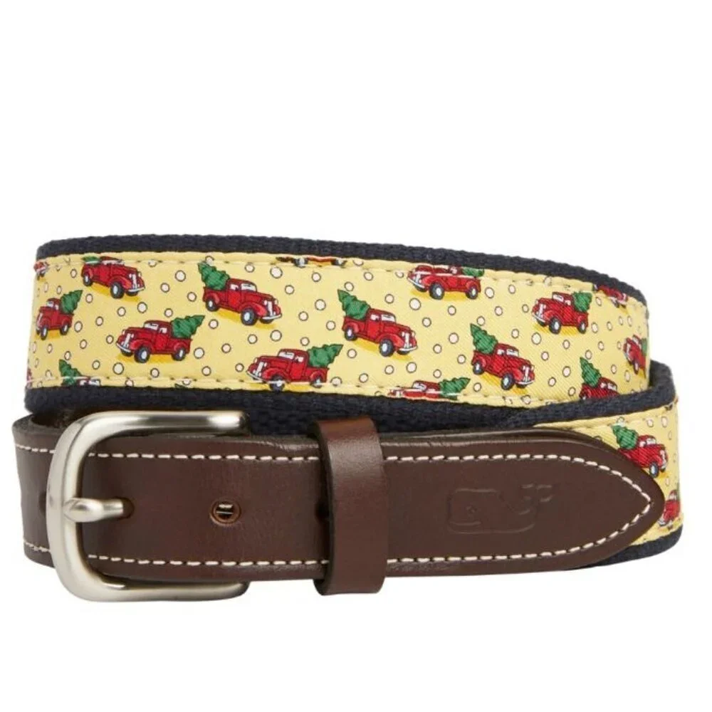 VINEYARD VINES Red Truck Christmas Tree Leather Fabric Canvas Belt 28